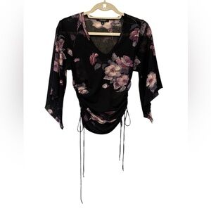 Karen Kane Womens Top Black Purple Floral Hankerchief Arms Sz M